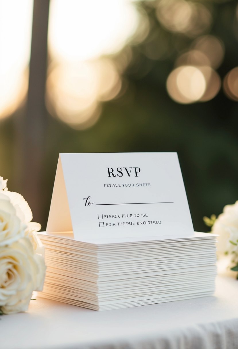 A stack of elegant wedding RSVP cards with space for guests to indicate their plus-one details