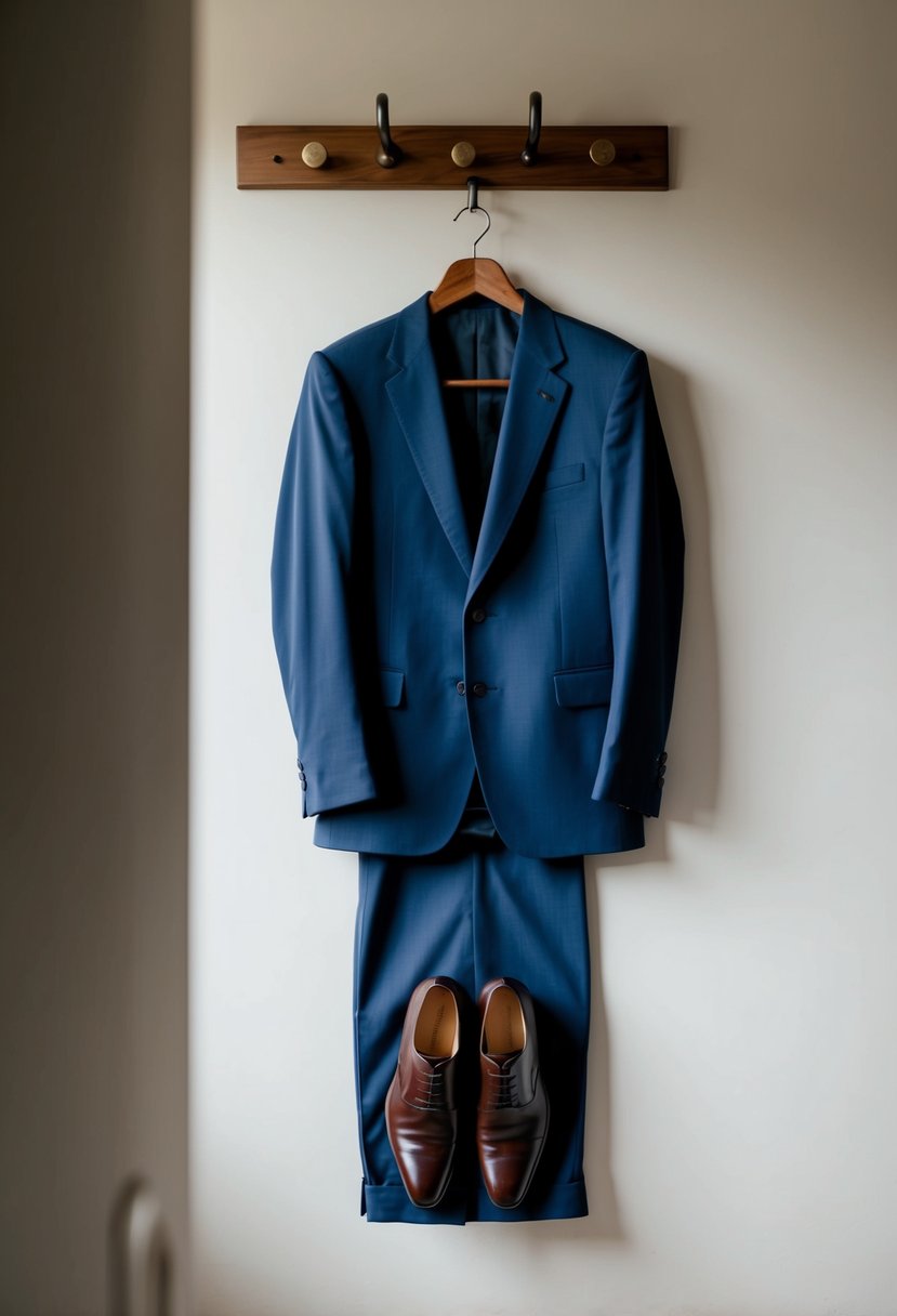 A classic blazer and trousers laid out neatly on a wooden hanger, with a pair of polished dress shoes placed neatly beside them