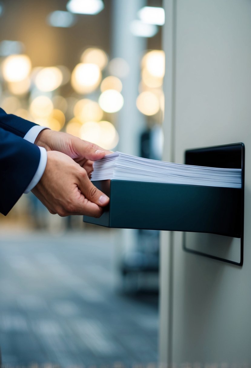 A person placing a stack of papers into a designated slot