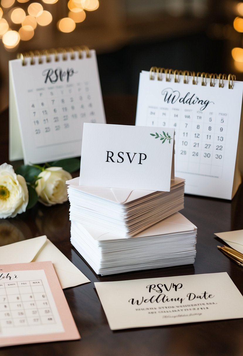 A stack of RSVP cards with various designs and envelopes, arranged on a table with a calendar showing the wedding date and a reminder note