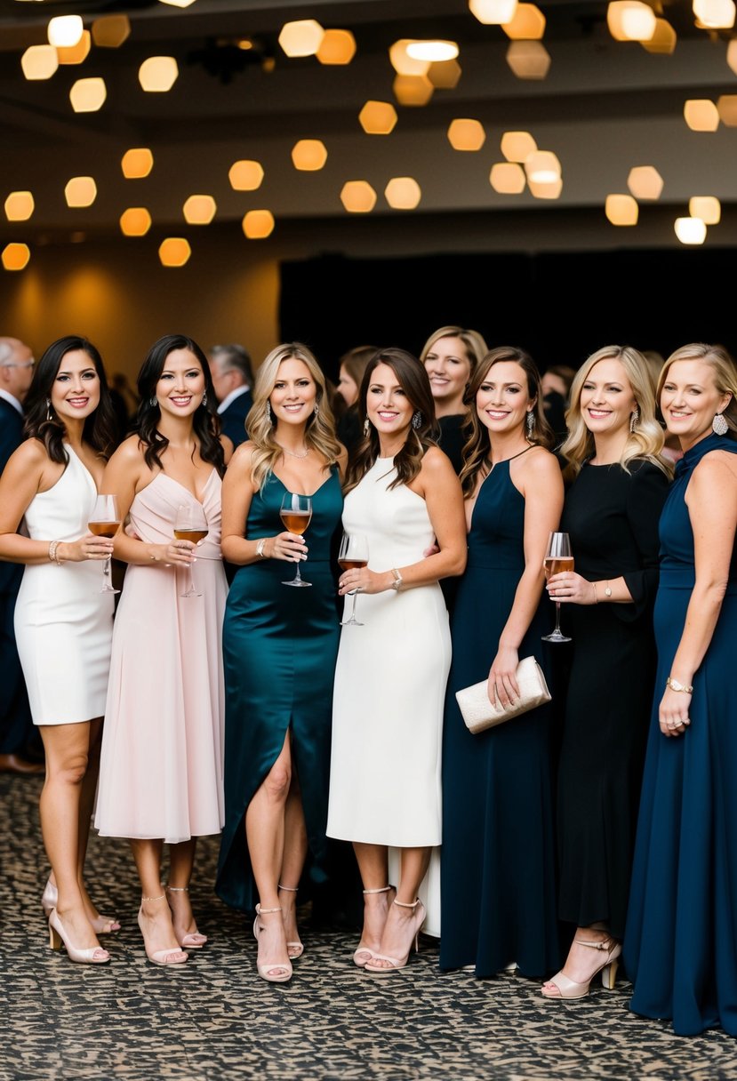 A group of women in cocktail length or longer dresses at a semi-formal event