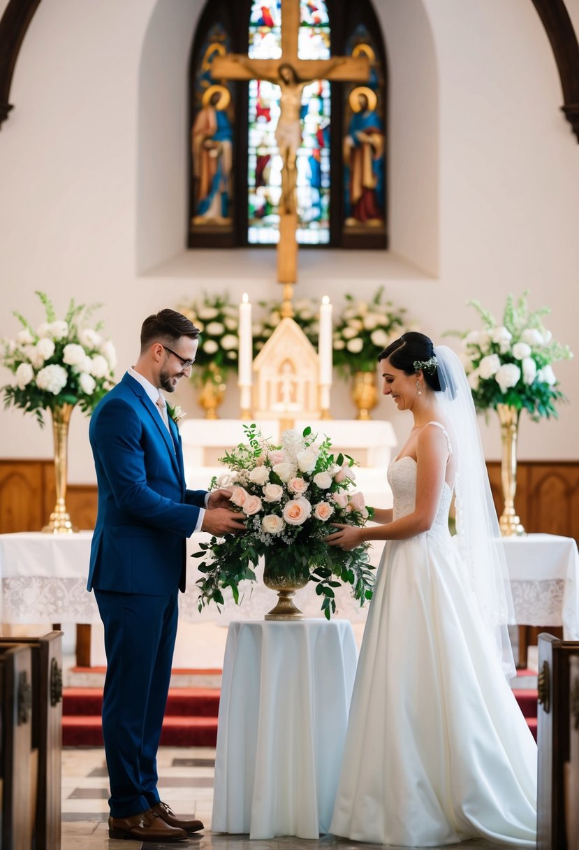 A bride and groom place a floral arrangement on the altar, following the church's guidelines for wedding decor