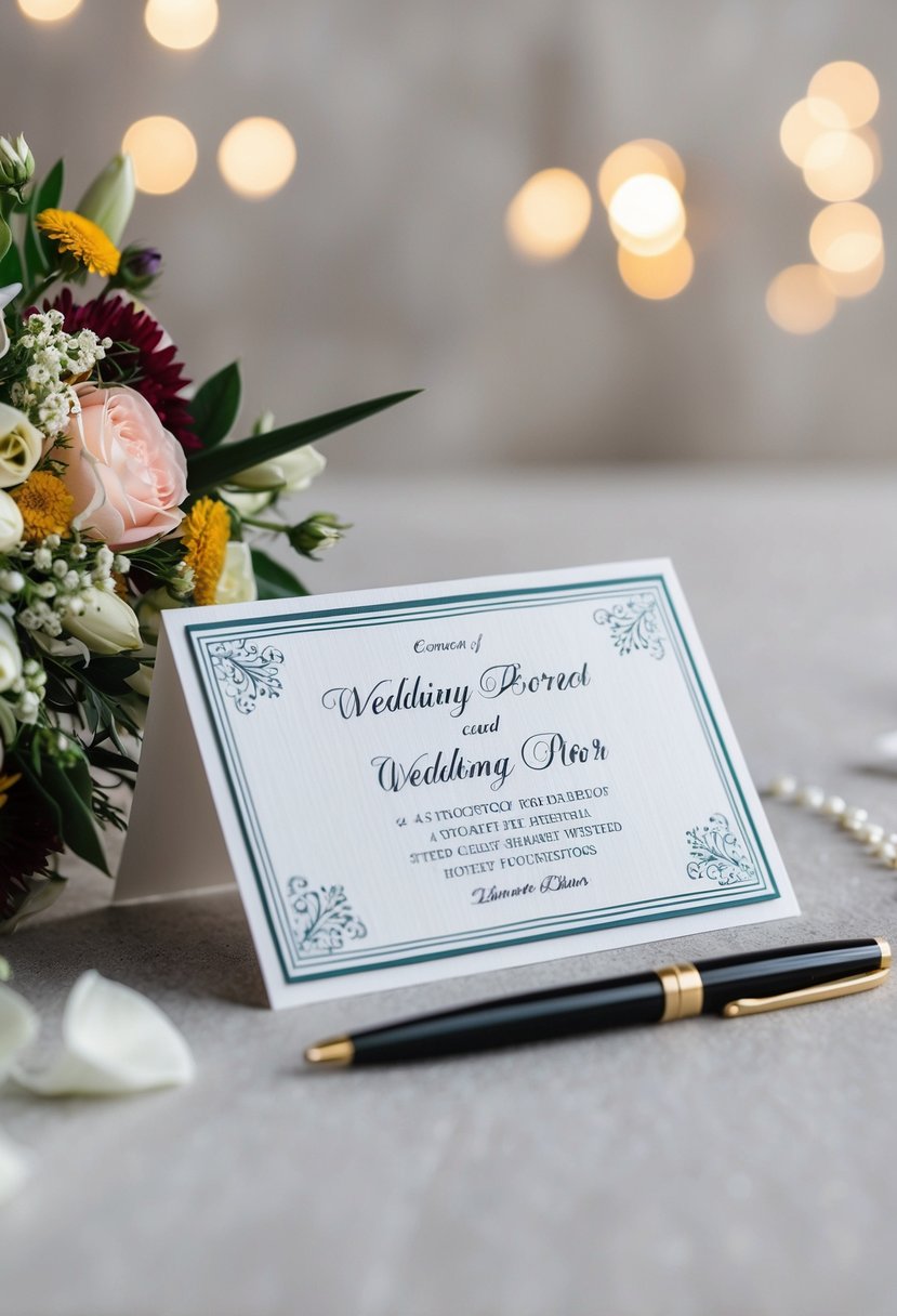 A wedding card with a decorative border and elegant font, accompanied by a small bouquet of flowers and a pen