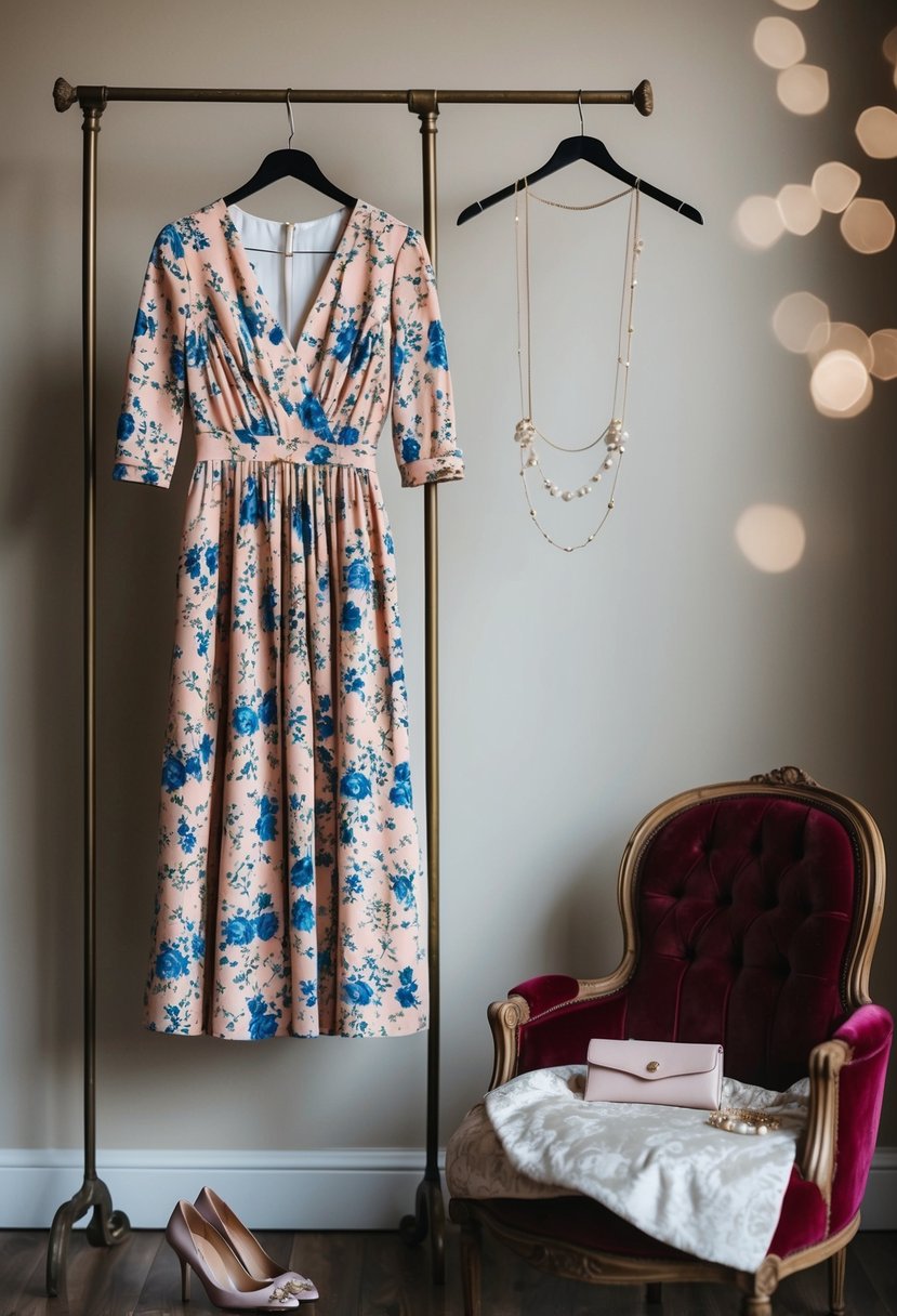 A floral midi dress hangs on a vintage coat rack with a pair of elegant heels nearby. A tea length dress lies on a plush velvet chair, surrounded by delicate jewelry and a small clutch