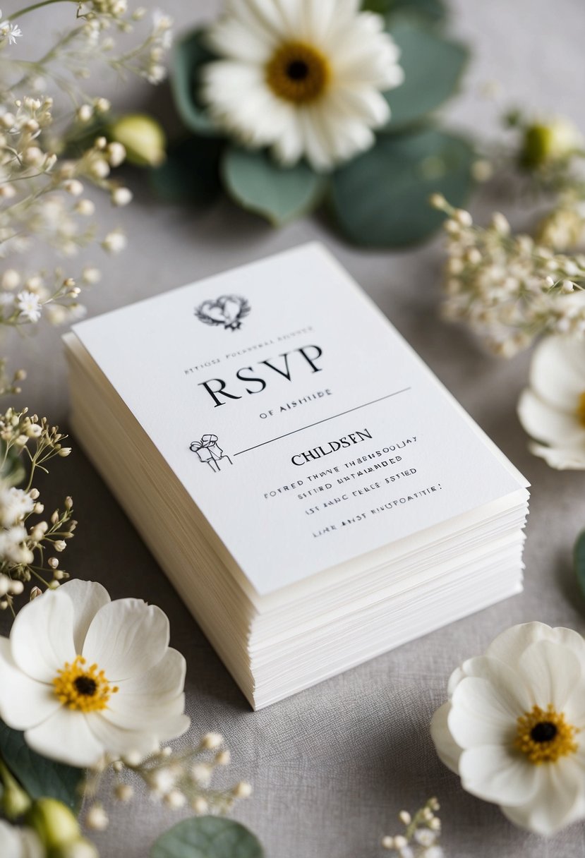 A stack of elegant wedding RSVP cards with a note indicating children are invited, surrounded by delicate floral decorations