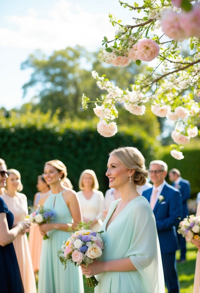 A sunny outdoor wedding with blooming flowers and guests wearing light, airy fabrics in pastel colors