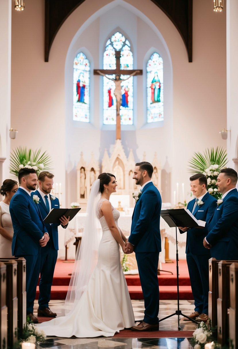 A couple stands at the altar, surrounded by wedding planners and musicians. They review details and practice their vows for the upcoming church ceremony