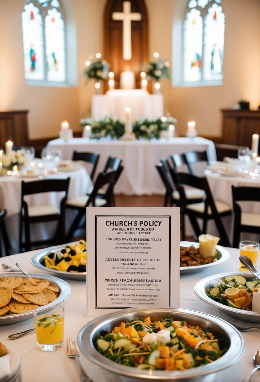 A table set with various food and drink options, with a sign displaying the church's policy on acceptable items for a wedding reception