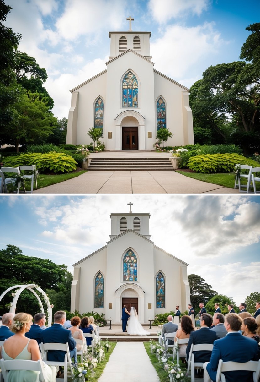 A church with a grand entrance and stained glass windows, surrounded by lush greenery. A second location, such as a garden or beach, with seating and a decorative arch for the ceremony