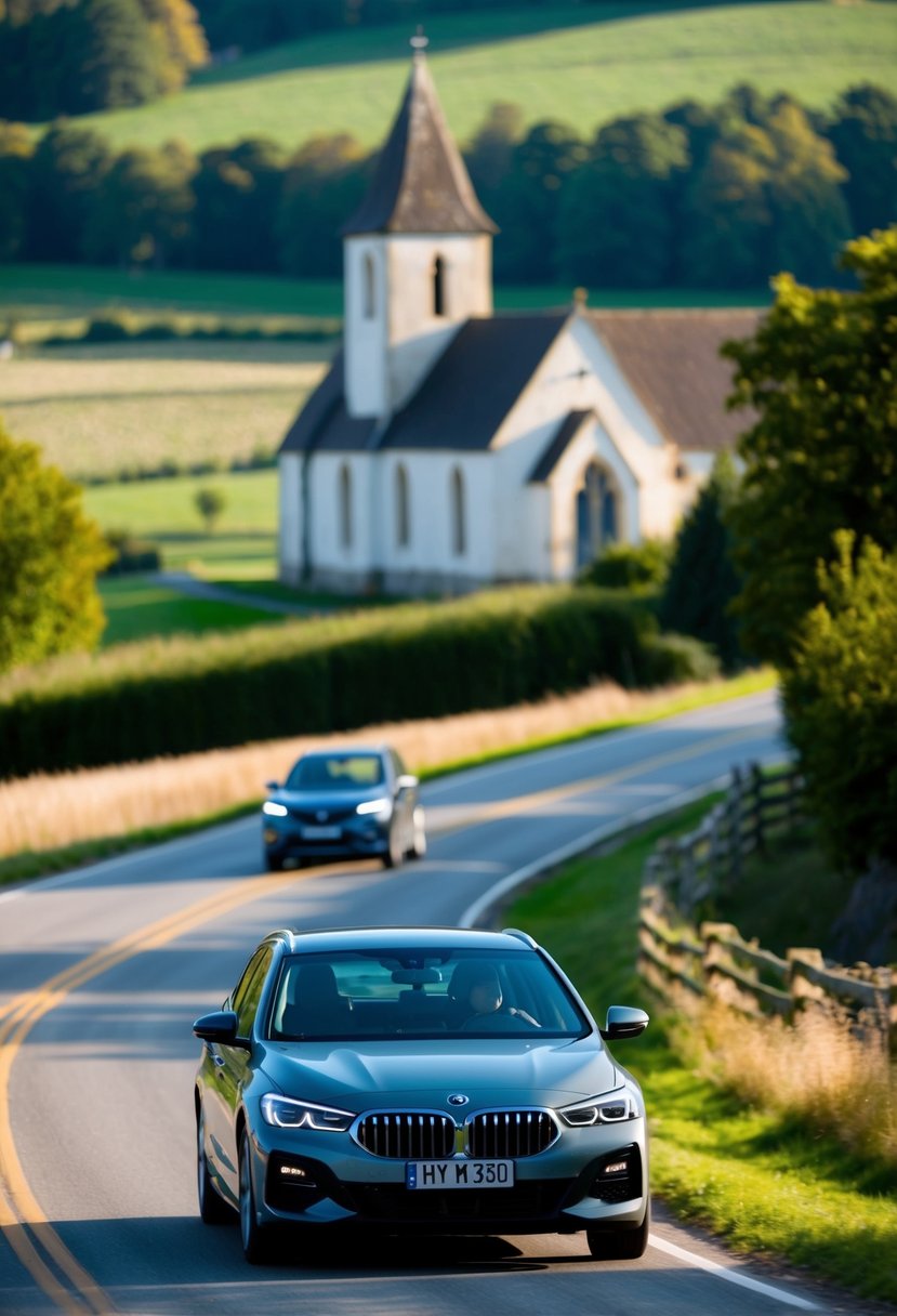 A car driving through a scenic countryside, passing by a quaint church and a winding road, with trees and fields in the background