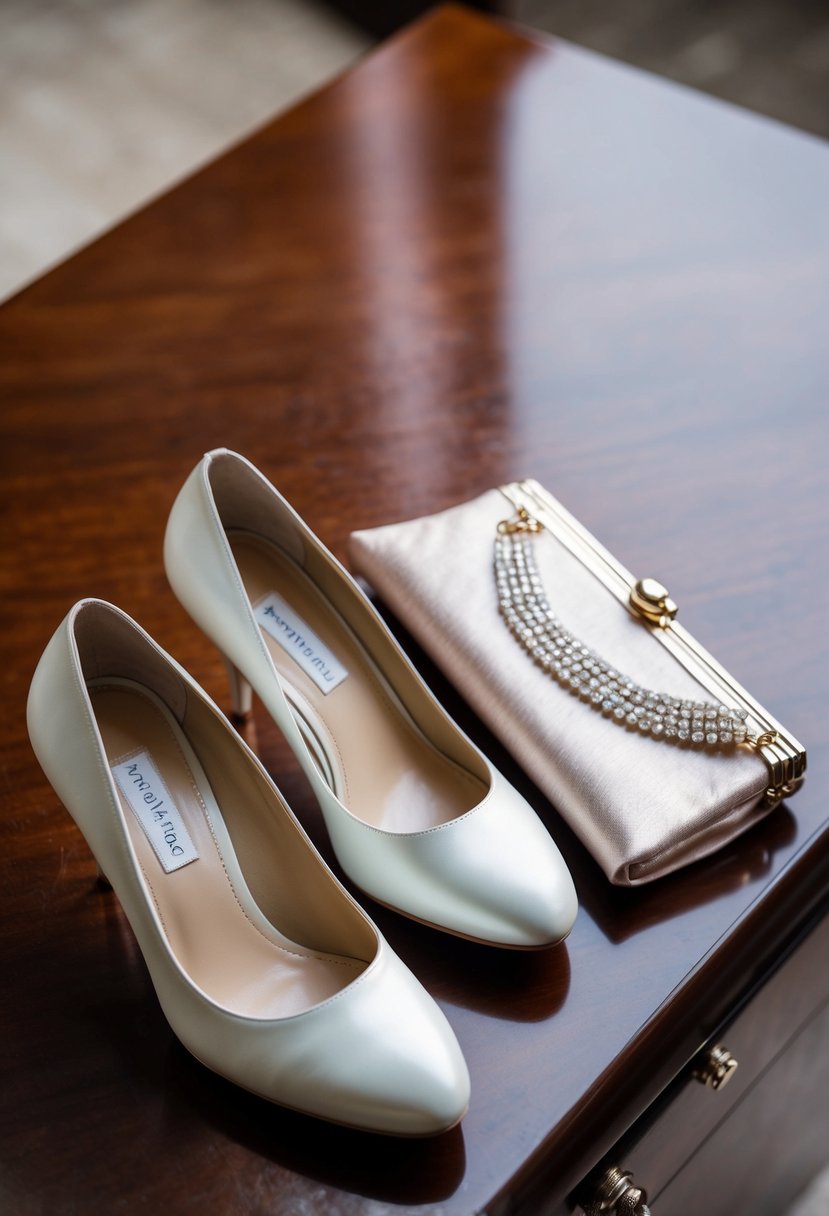 A pair of elegant high heels placed next to a delicate clutch and a shimmering necklace on a polished wooden surface