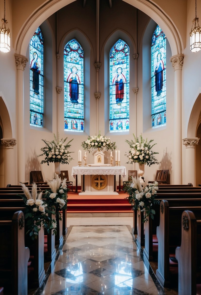 A church interior with elegant pews, floral arrangements, and stained glass windows