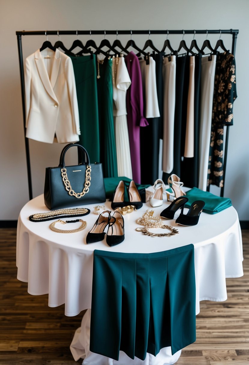 A table displaying a variety of dressy separates, including skirts, blouses, and tailored pants, with coordinating accessories like statement jewelry and elegant shoes