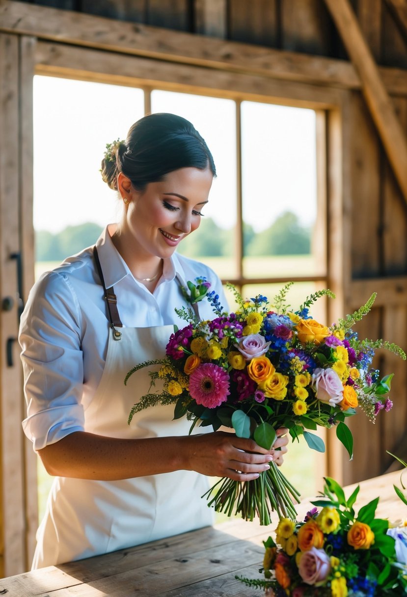 A wedding florist arranging a bouquet of colorful flowers in a rustic, sunlit barn