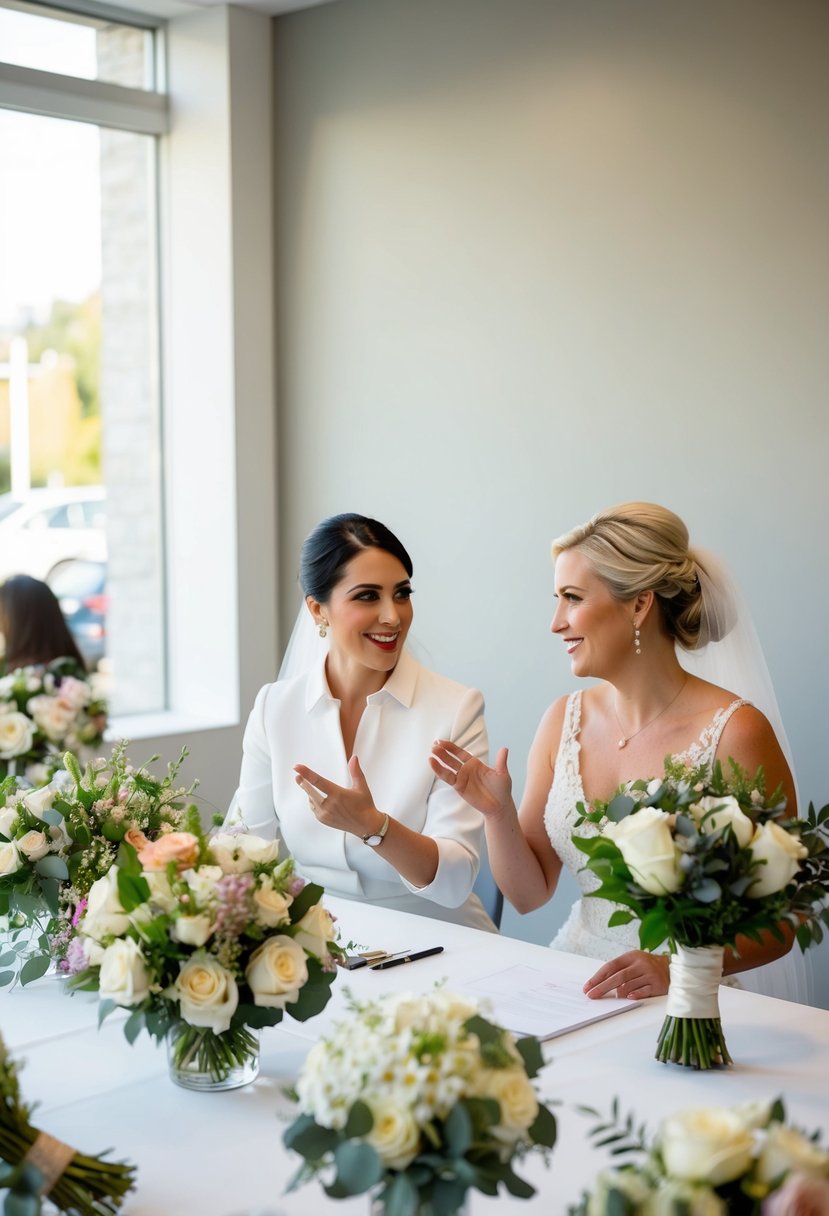 A bride and a florist sit at a table, discussing wedding flowers. The florist gestures and smiles as they talk. Bouquets and floral arrangements are displayed on the table