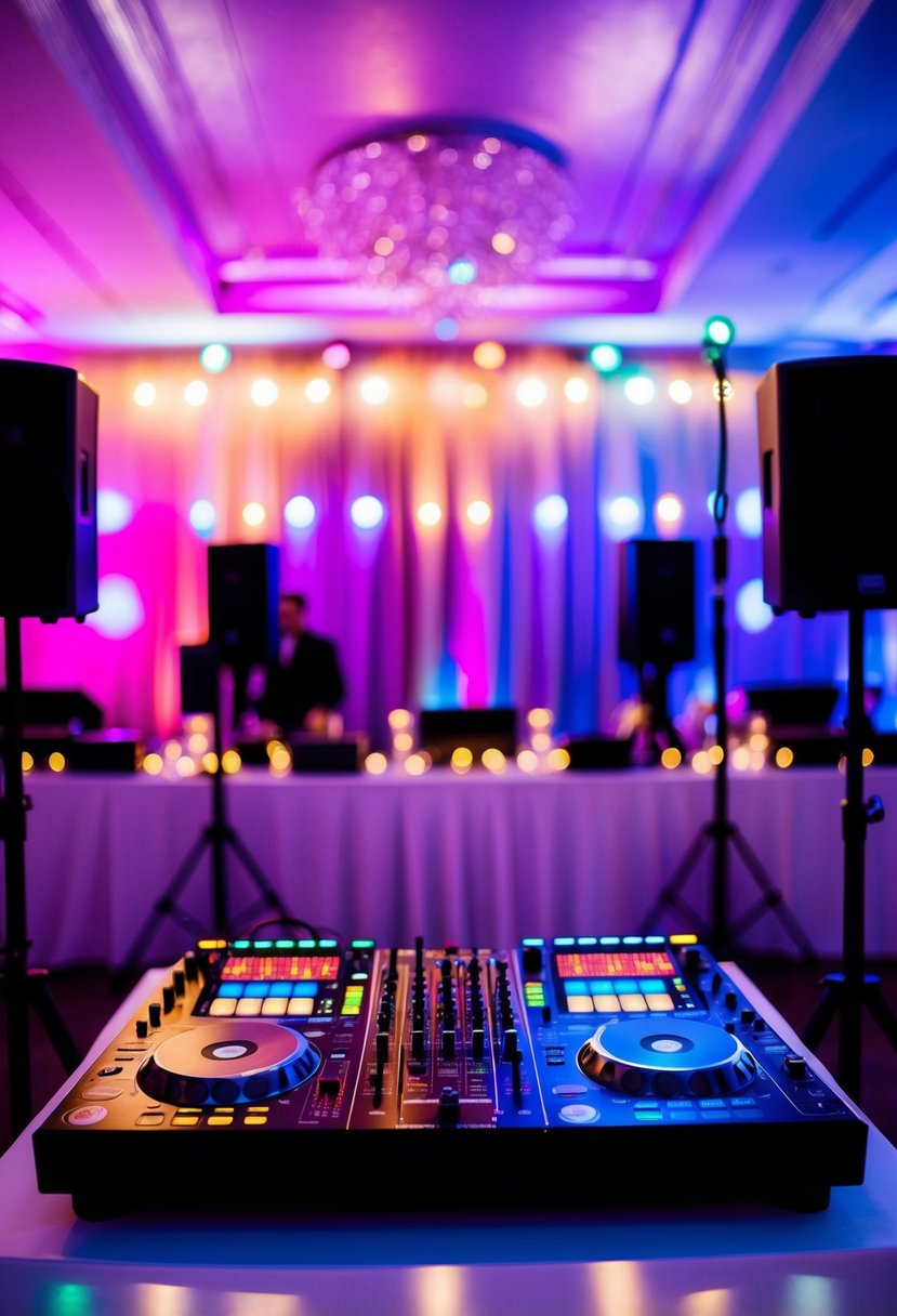 A DJ booth at a wedding reception, with colorful lights, speakers, and a mixing board