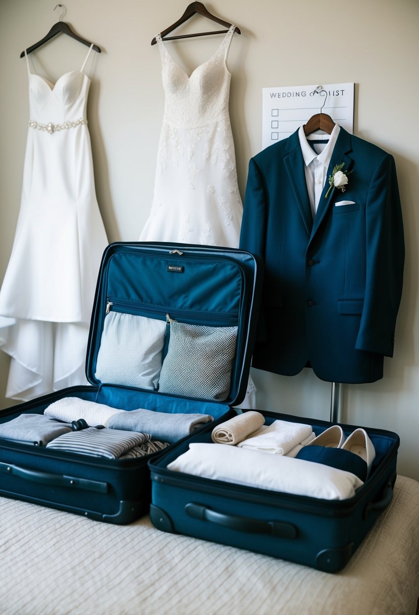 A suitcase open on a bed, filled with neatly folded clothes, shoes, and toiletries. A wedding dress and suit hanging nearby. A checklist on the bedside table