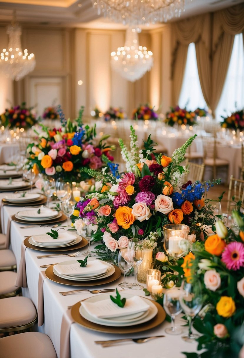 A lavish wedding banquet table adorned with an abundance of colorful and fragrant flowers in various arrangements