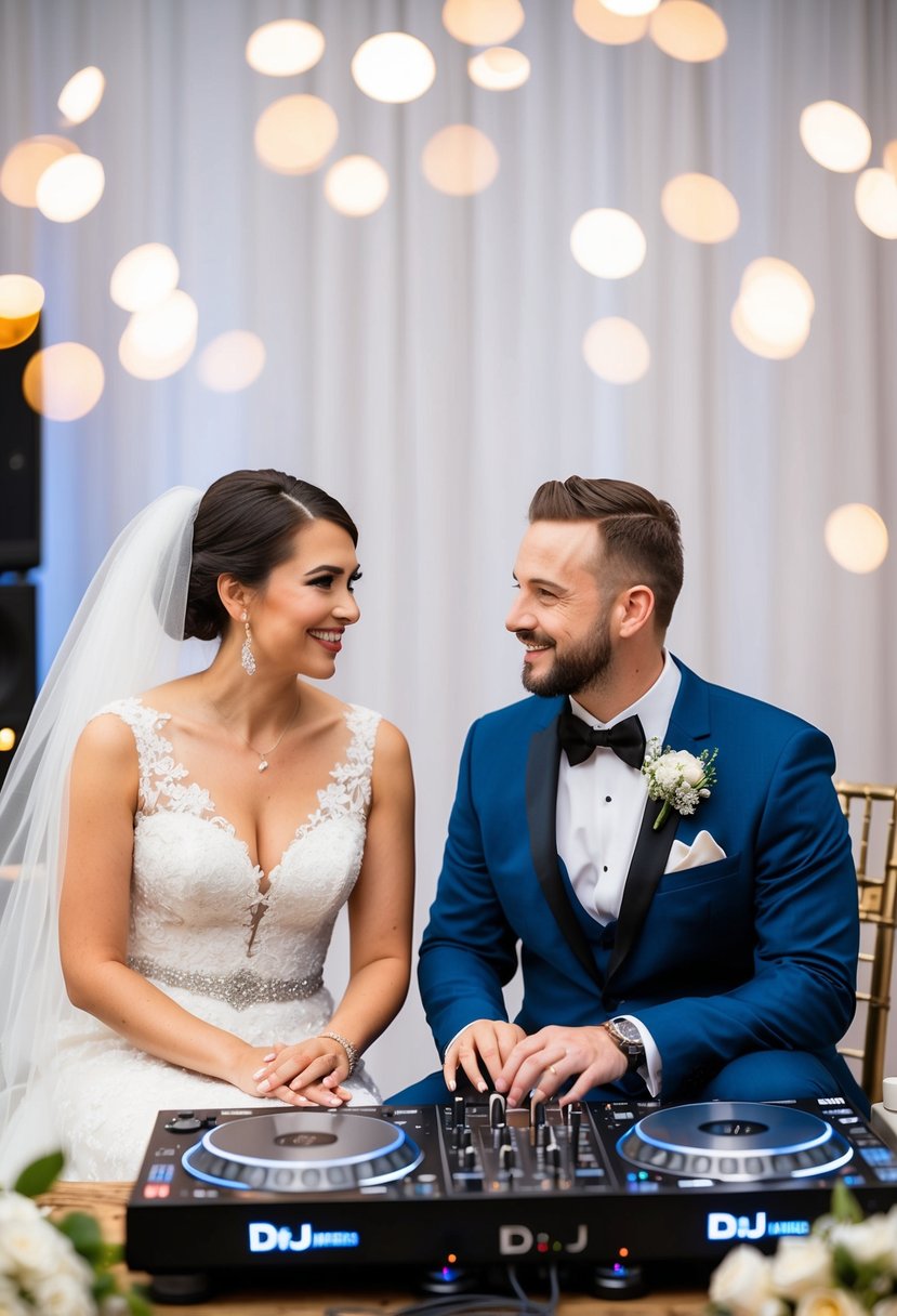 A bride and groom sit with a DJ, discussing wedding music preferences and tips