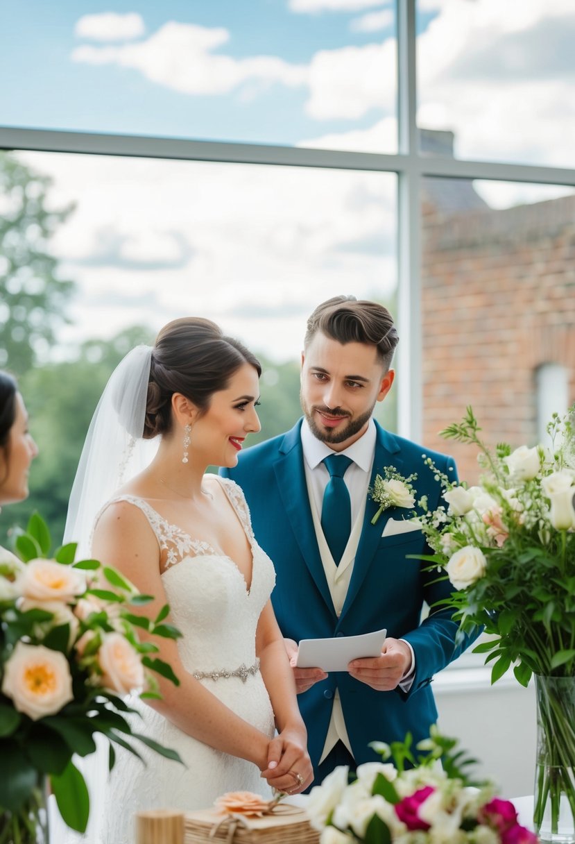 A bride and groom meet with a florist to discuss wedding flowers and budget allocation