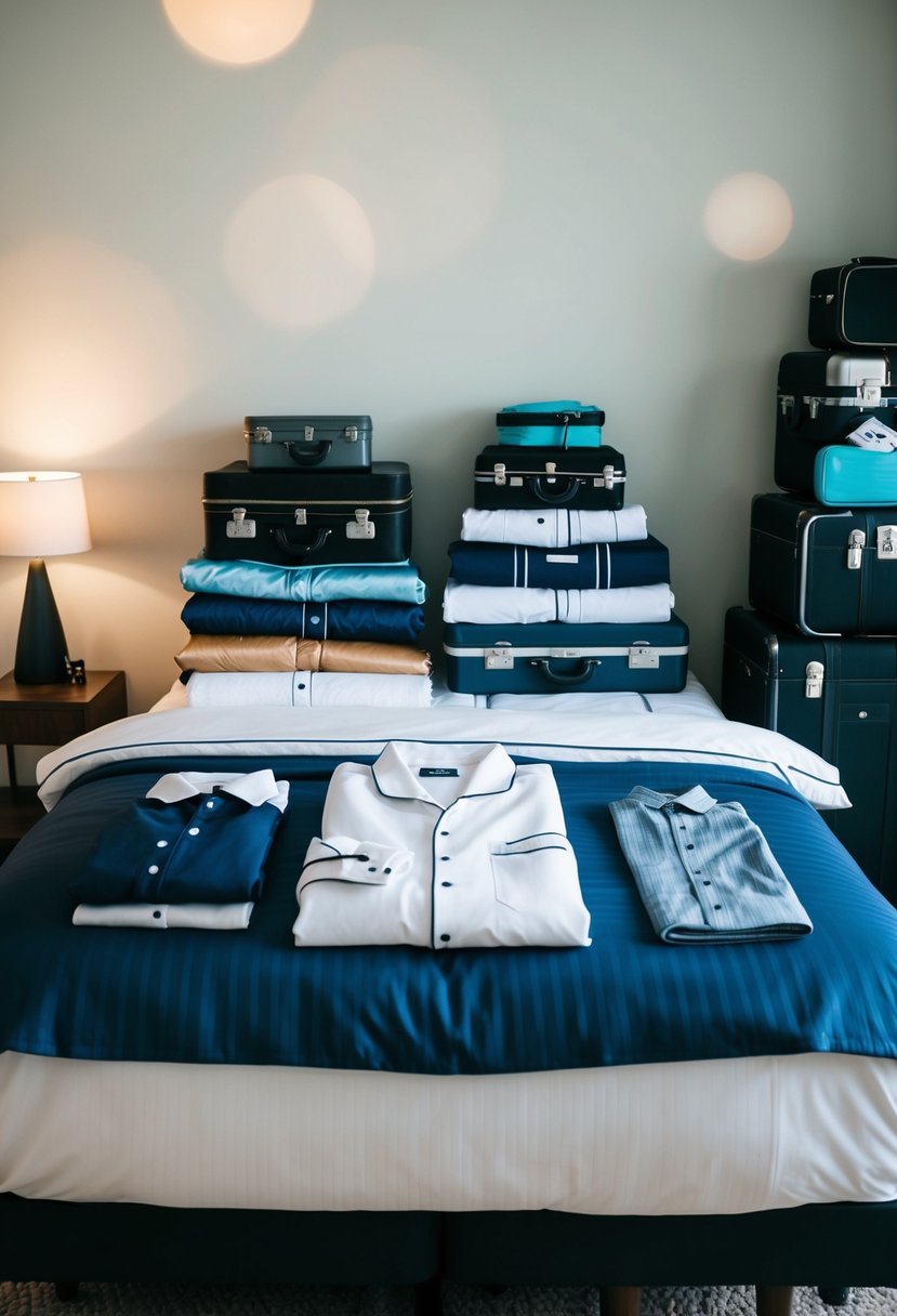 A bed with neatly folded wedding attire and pajamas, surrounded by suitcases and travel essentials