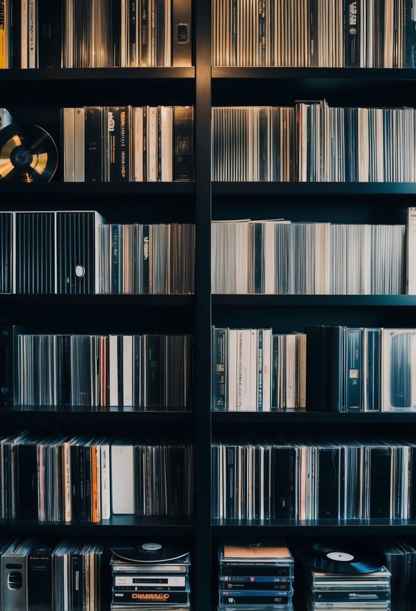 A collection of vinyl records, CDs, and digital music files arranged on a shelf, representing a diverse music library for a wedding DJ