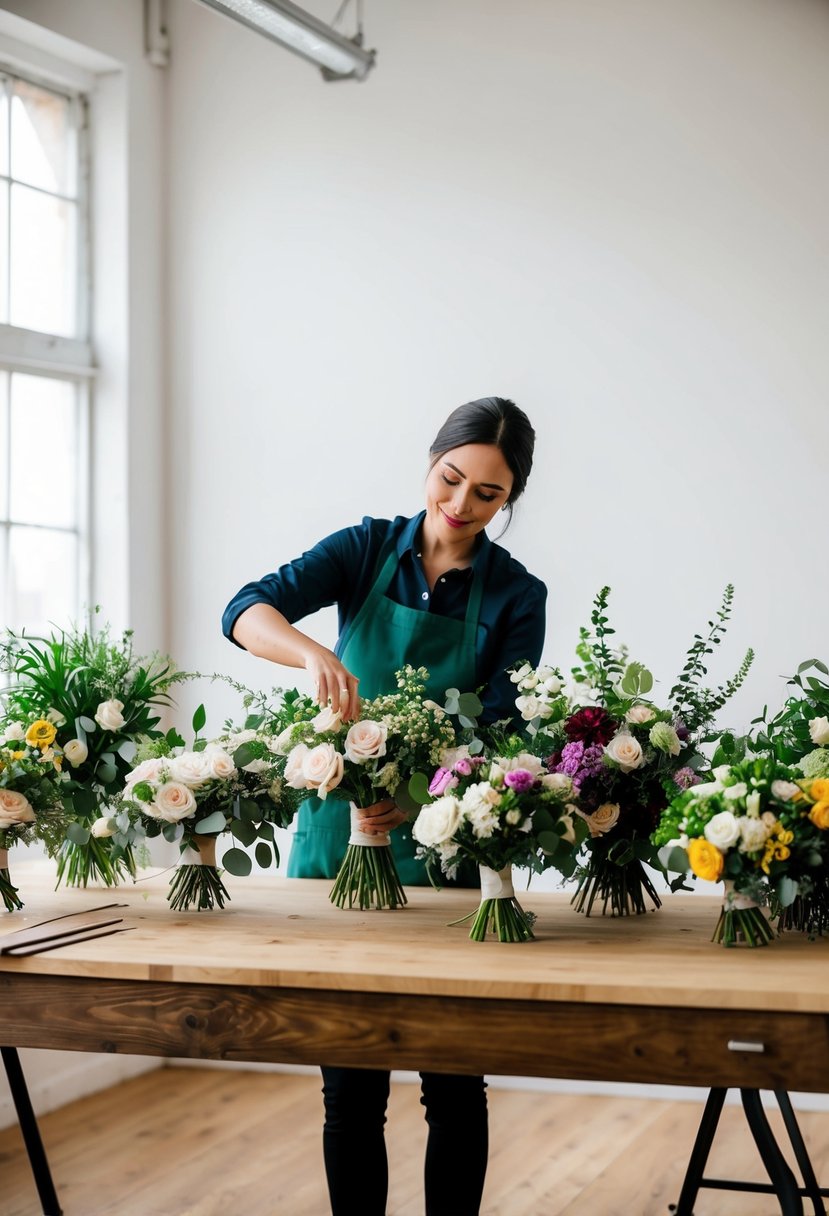 A floral designer arranging wedding bouquets with various flowers and greenery on a wooden worktable in a well-lit studio