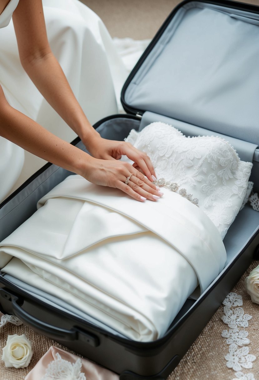 A white wedding dress being carefully folded and packed into a suitcase, surrounded by delicate lace and silk accessories