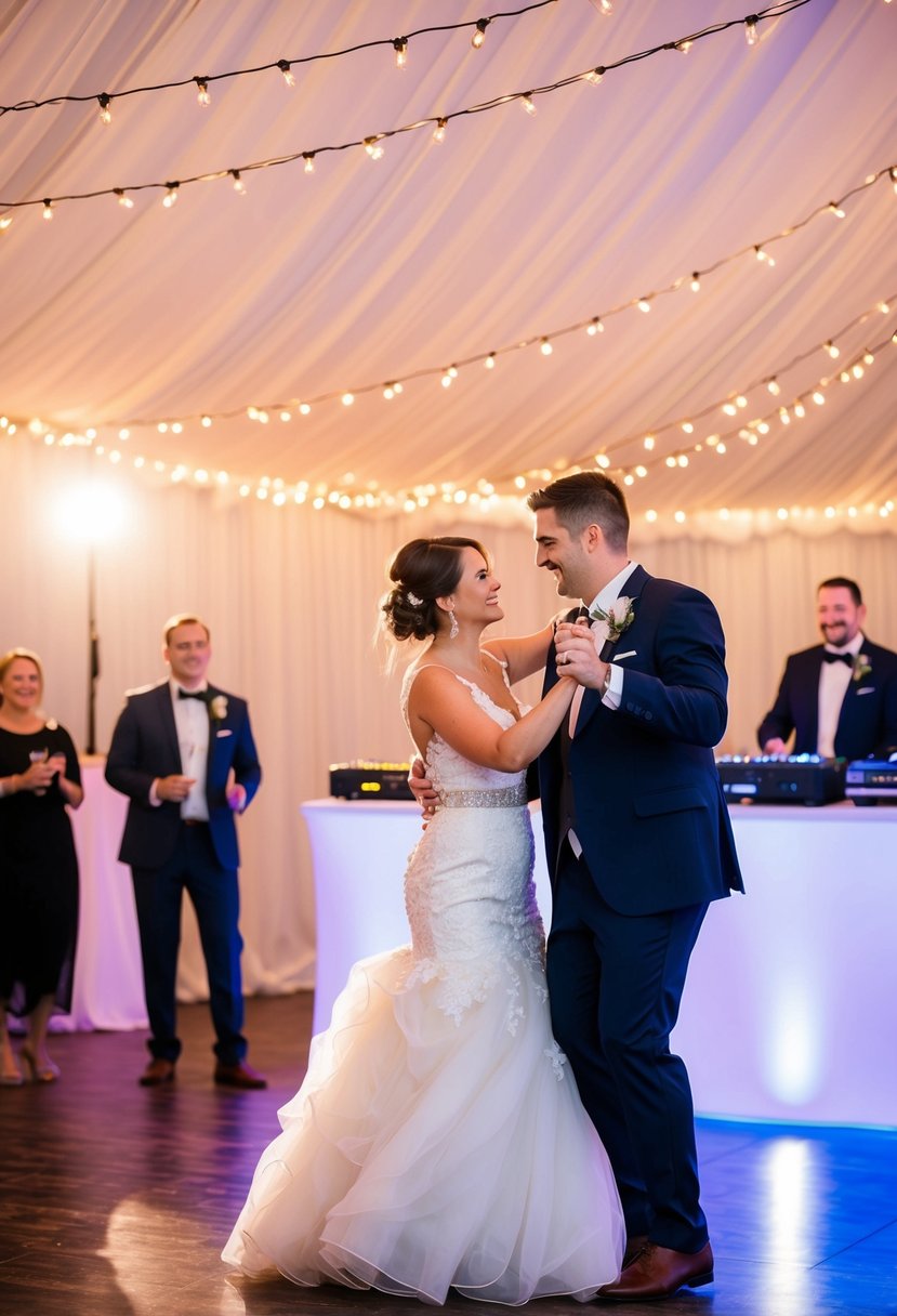 A bride and groom dancing under twinkling lights at a wedding reception, with the DJ playing a special song dedicated to the bride