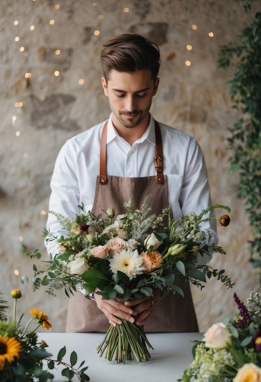 A florist arranging a bouquet in the style of a rustic, bohemian wedding, surrounded by various flowers and greenery