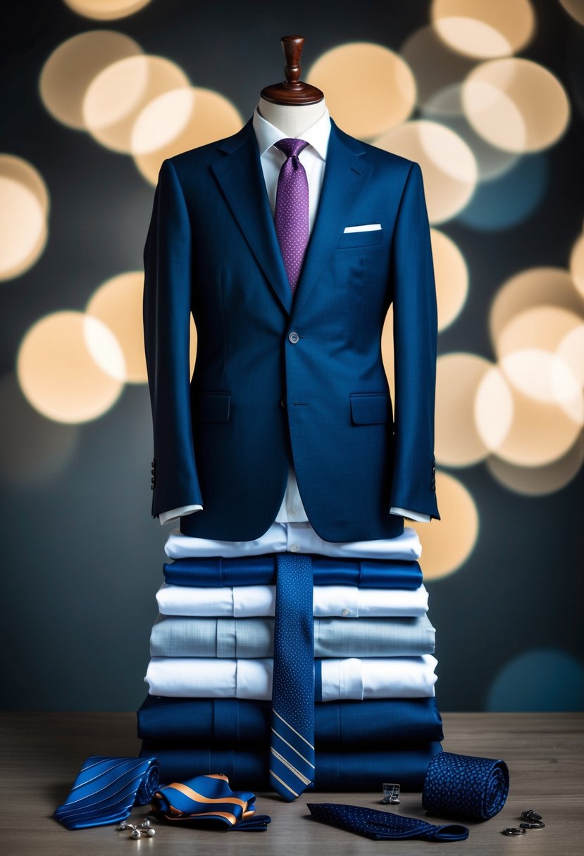 A neatly folded suit jacket placed on top of a stack of neatly folded shirts and pants, surrounded by a selection of ties and cufflinks