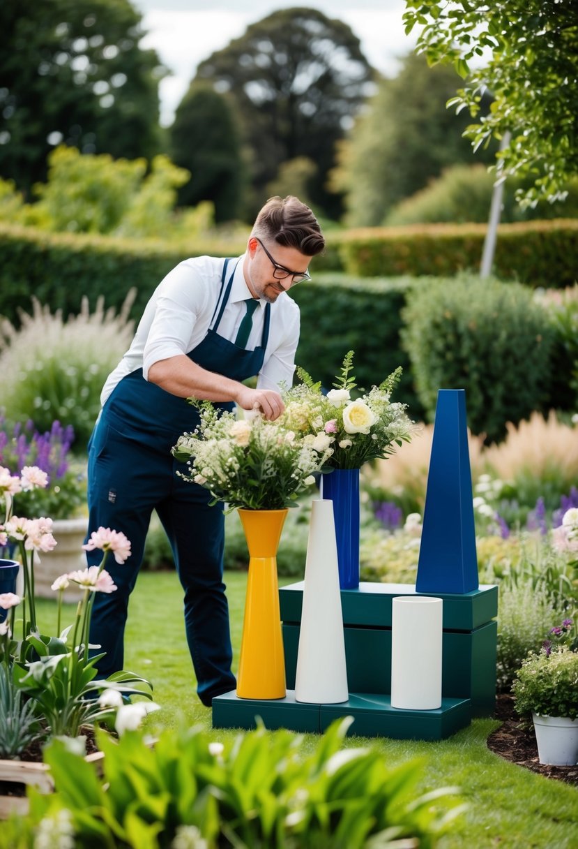 A florist arranging vases and structures in a garden, ensuring stability for an outdoor wedding