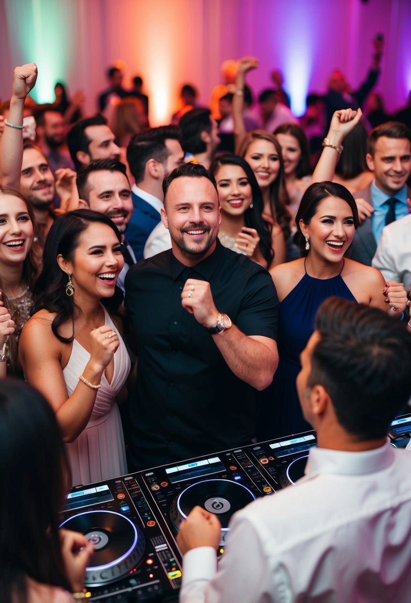 Guests cheer and dance, while others chat and smile. DJ watches crowd attentively