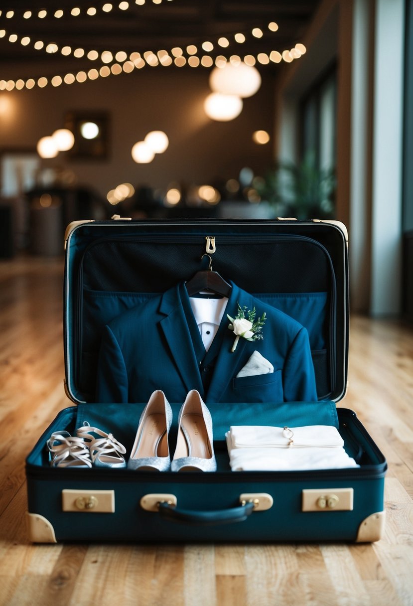 A suitcase open with neatly folded wedding reception outfit, shoes, and accessories packed inside