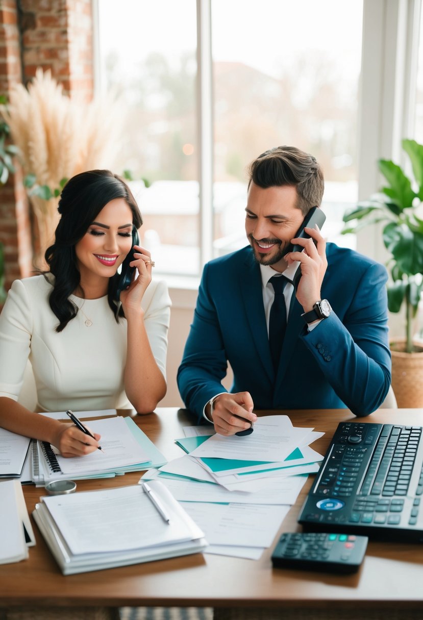 A couple sits at a desk, surrounded by wedding planning materials. They are on the phone, booking a DJ for their upcoming wedding