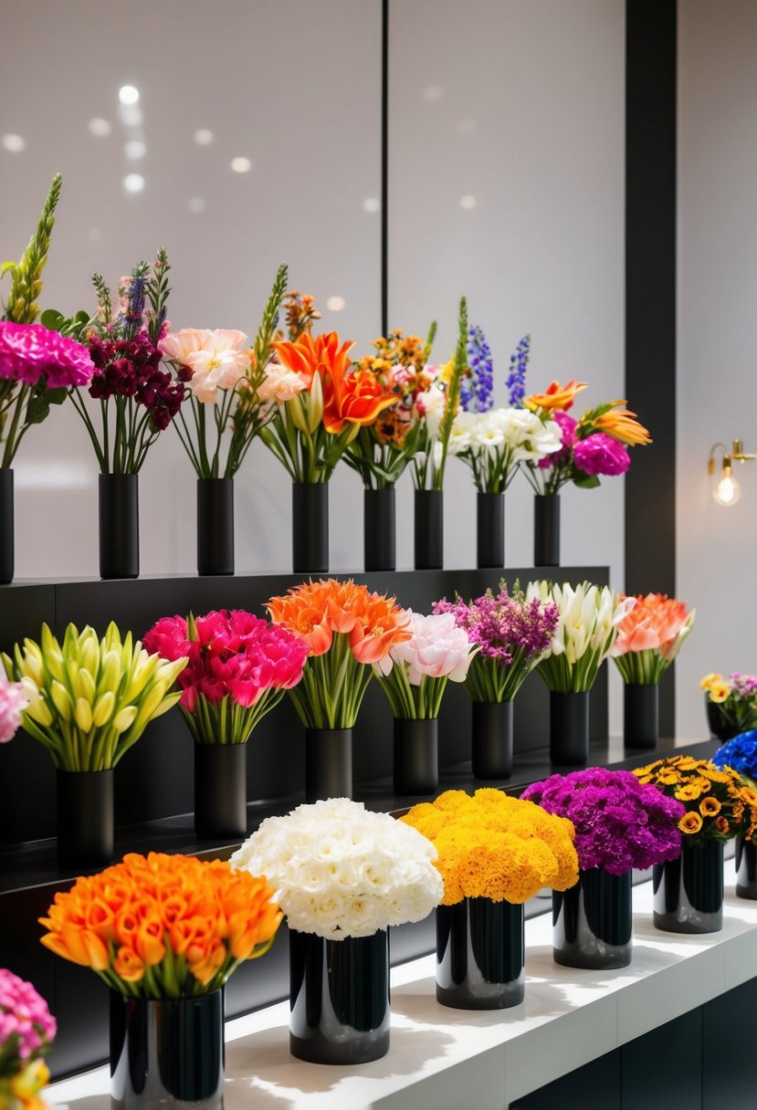 A colorful array of flowers arranged in a modern, minimalist style, with clean lines and bold colors, displayed in an upscale boutique setting