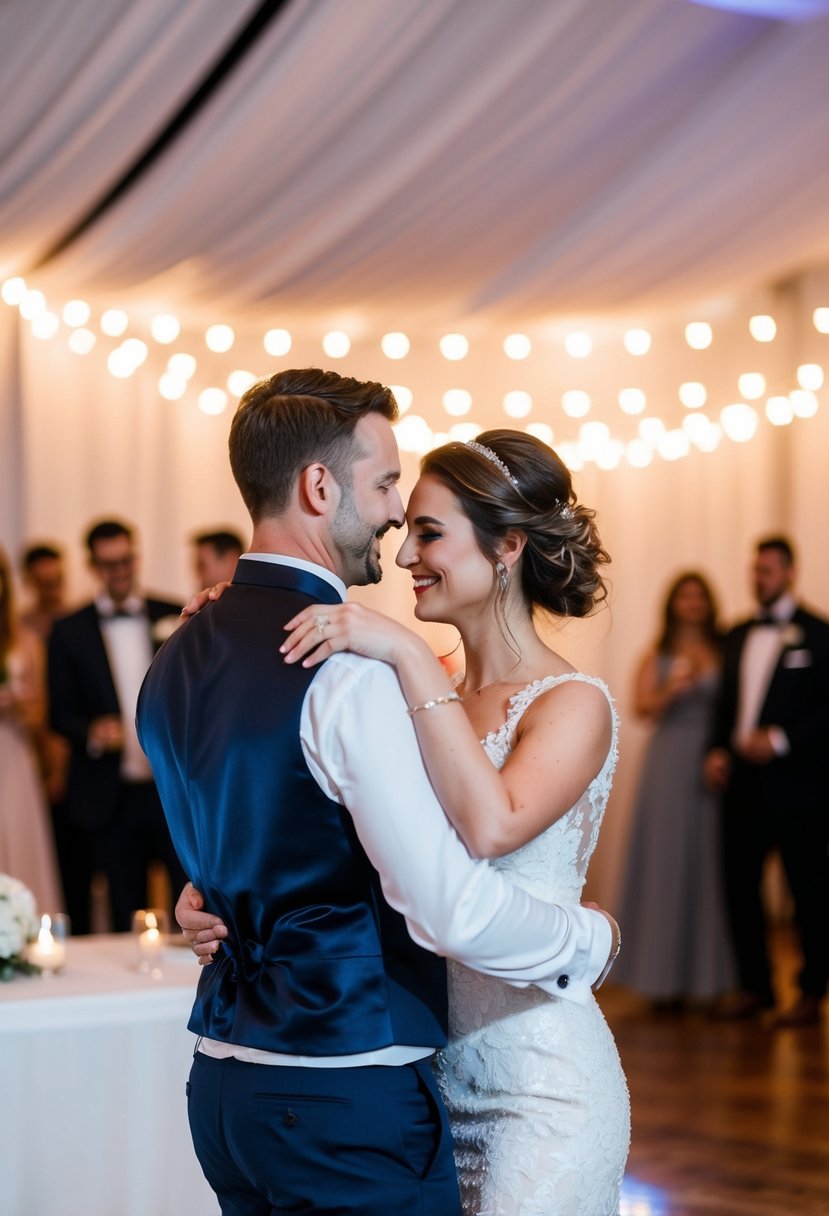 Couples swaying under soft lights, DJ strategically announcing slow dances at a wedding reception