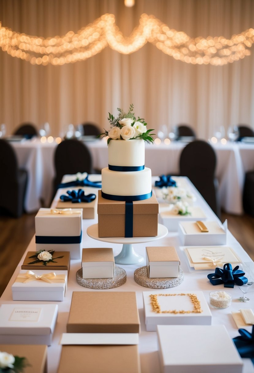 A table with neatly arranged packaging materials for cake topper wedding, including boxes, ribbons, and decorative elements