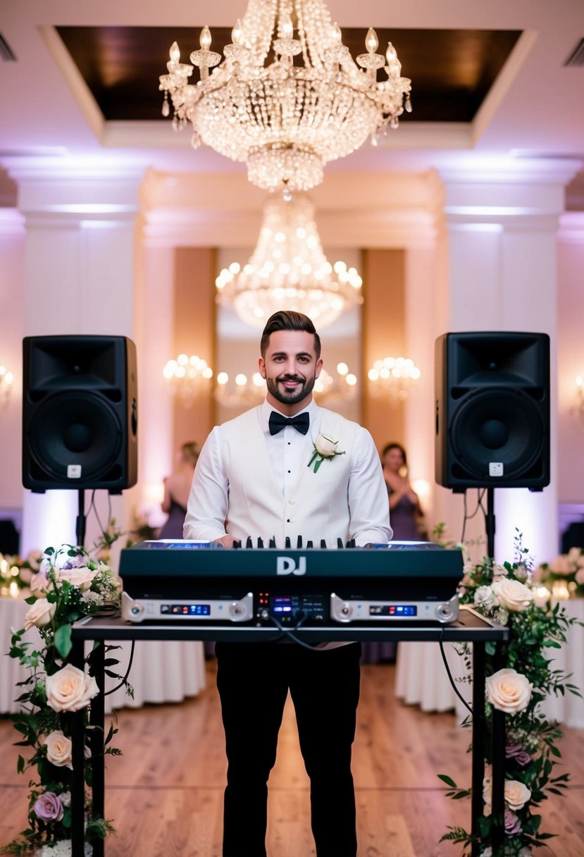 A well-dressed DJ stands behind a professional-looking sound booth at a wedding reception. The venue is elegantly decorated with floral arrangements and soft lighting