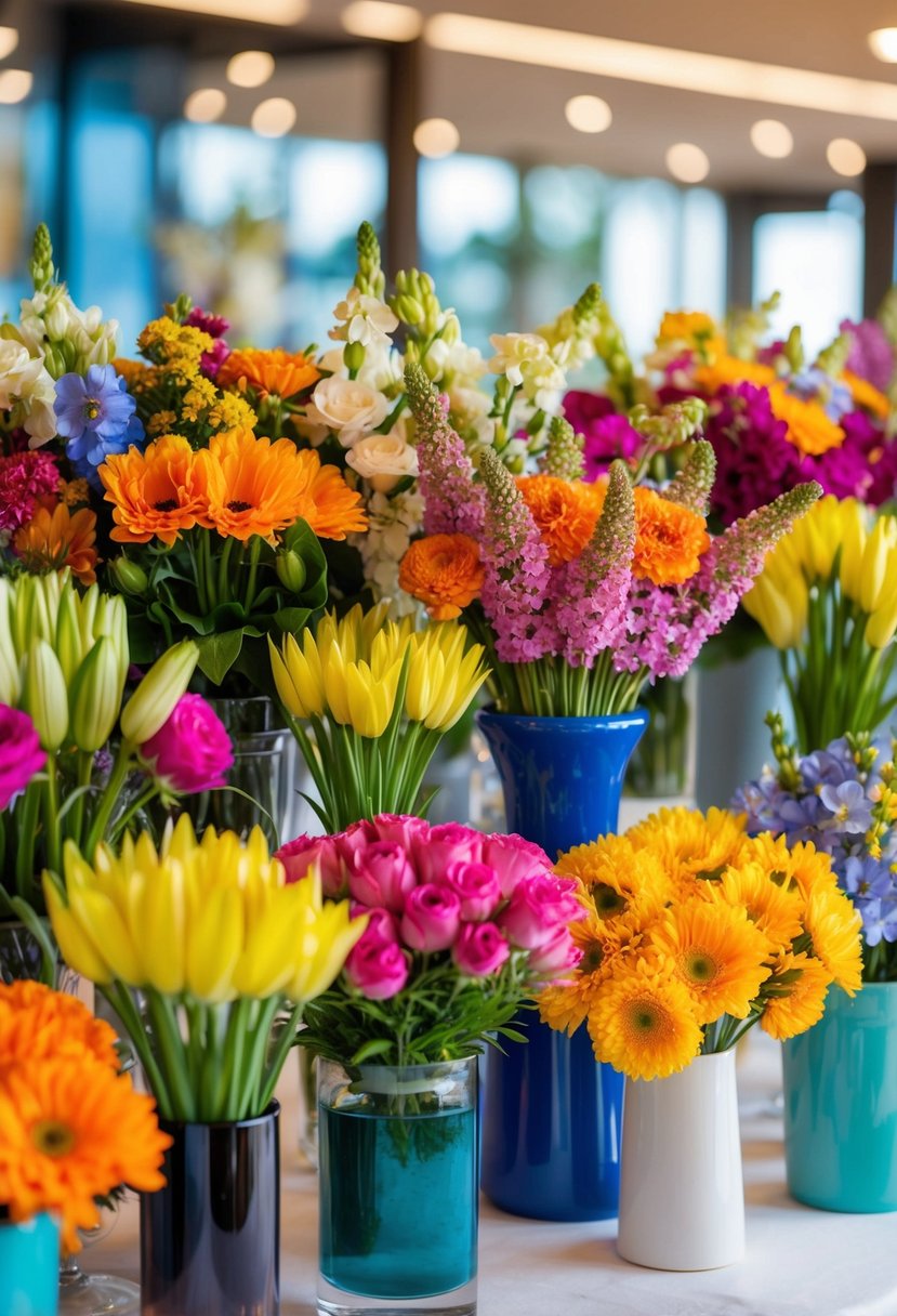 A colorful array of seasonal flowers arranged in various vases and containers, creating a vibrant and cost-effective display for a wedding