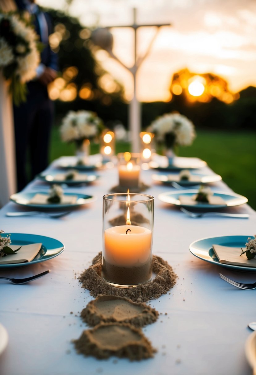 A table set with unity ceremony items: a candle, sand, or other symbolic objects arranged for a wedding