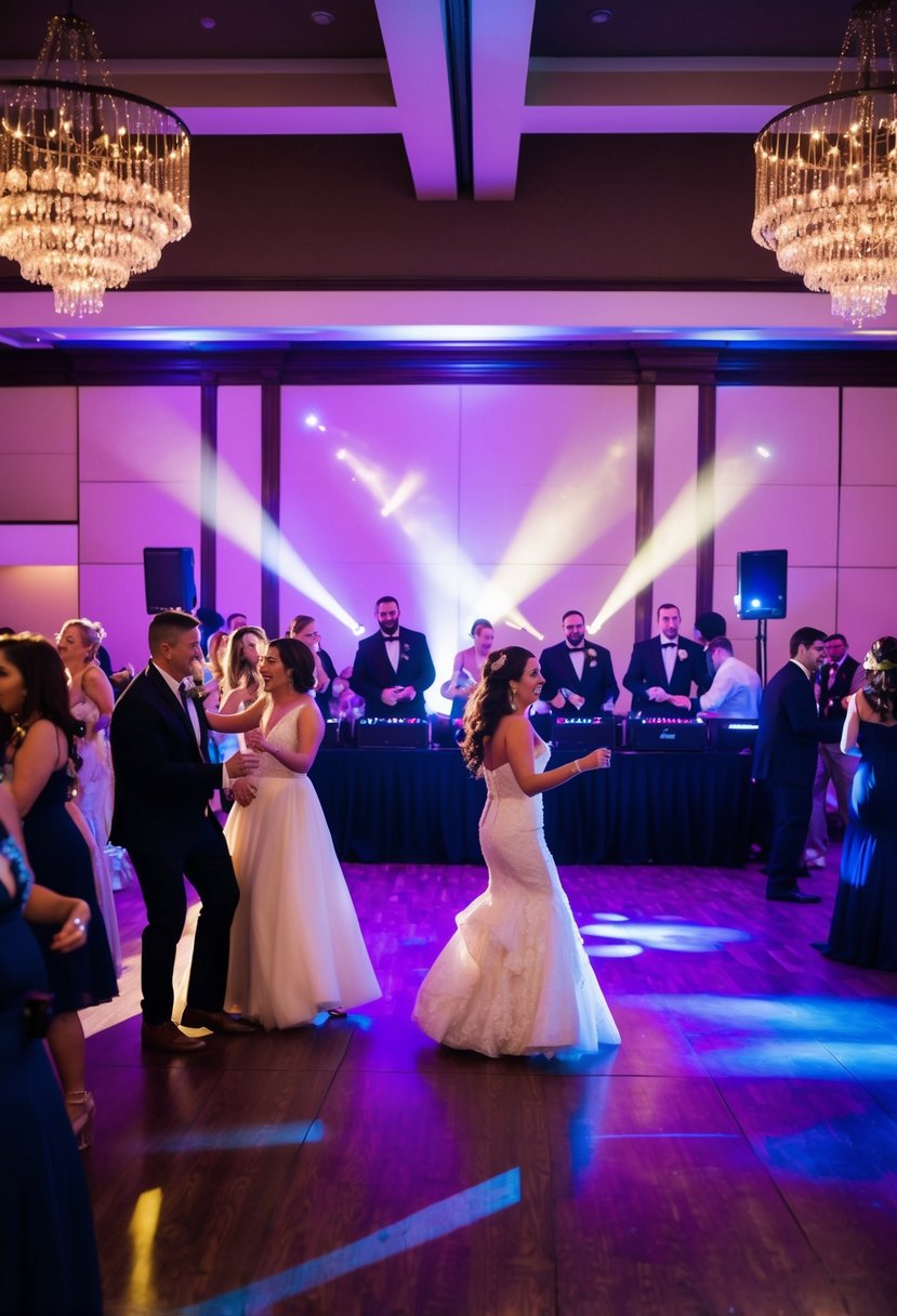 A wedding reception with a crowded dance floor and a DJ booth with flashy lights and sound equipment. Guests are dancing and having a good time