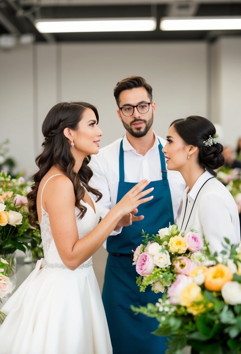 A bride and a florist discussing flowers and arrangements, with the florist gesturing and the bride asking questions