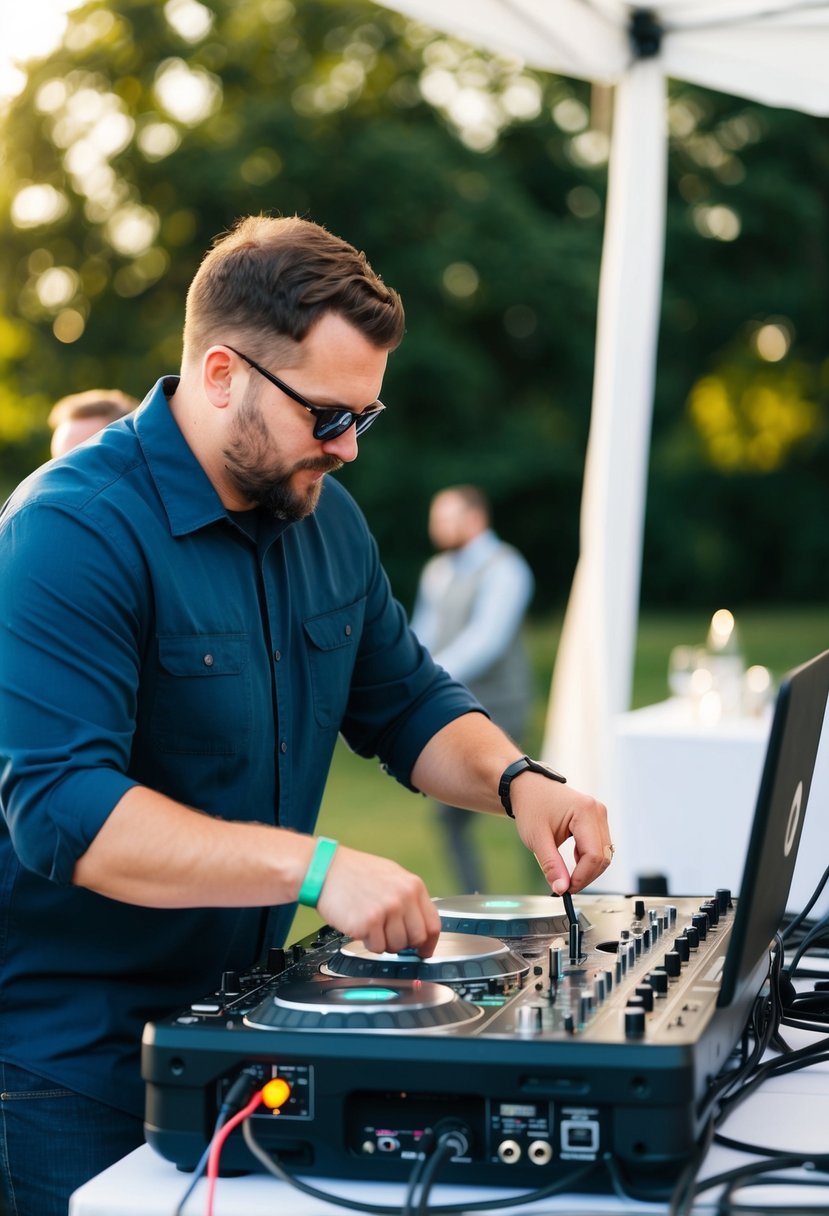 A DJ setting up equipment at an outdoor wedding, plugging in cables and adjusting sound levels on a portable speaker system