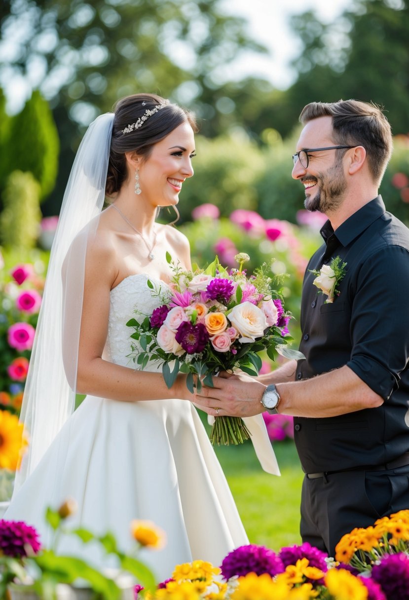 A bride handing a bouquet to a smiling florist, surrounded by vibrant flowers and greenery