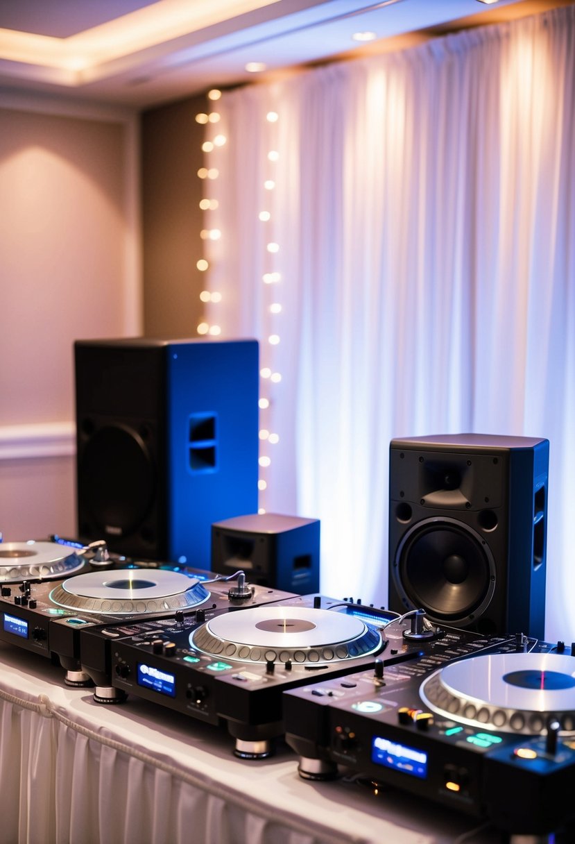 A sleek, modern DJ setup with high-quality turntables, mixers, and speakers, ready for a wedding reception