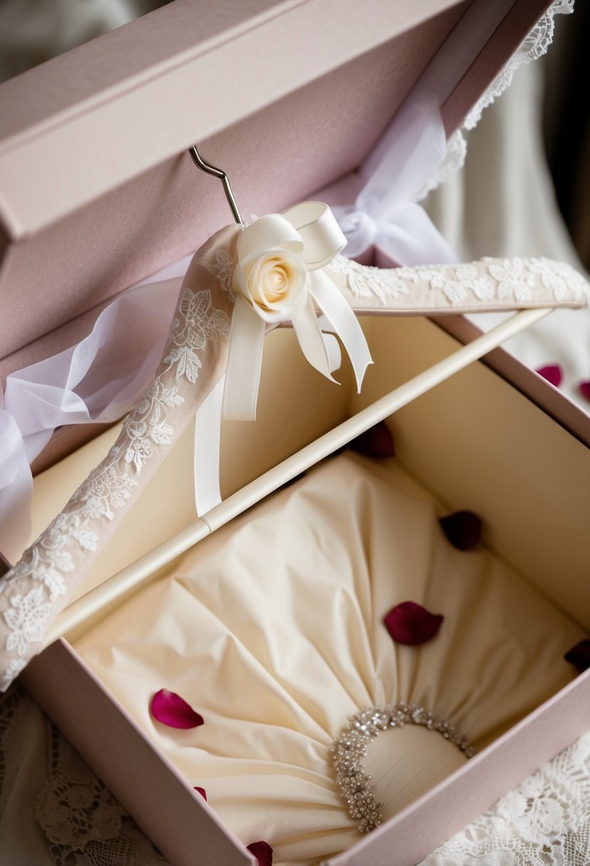 A padded hanger adorned with delicate lace and ribbon, holding a wedding dress inside a decorative box, surrounded by tissue paper and rose petals