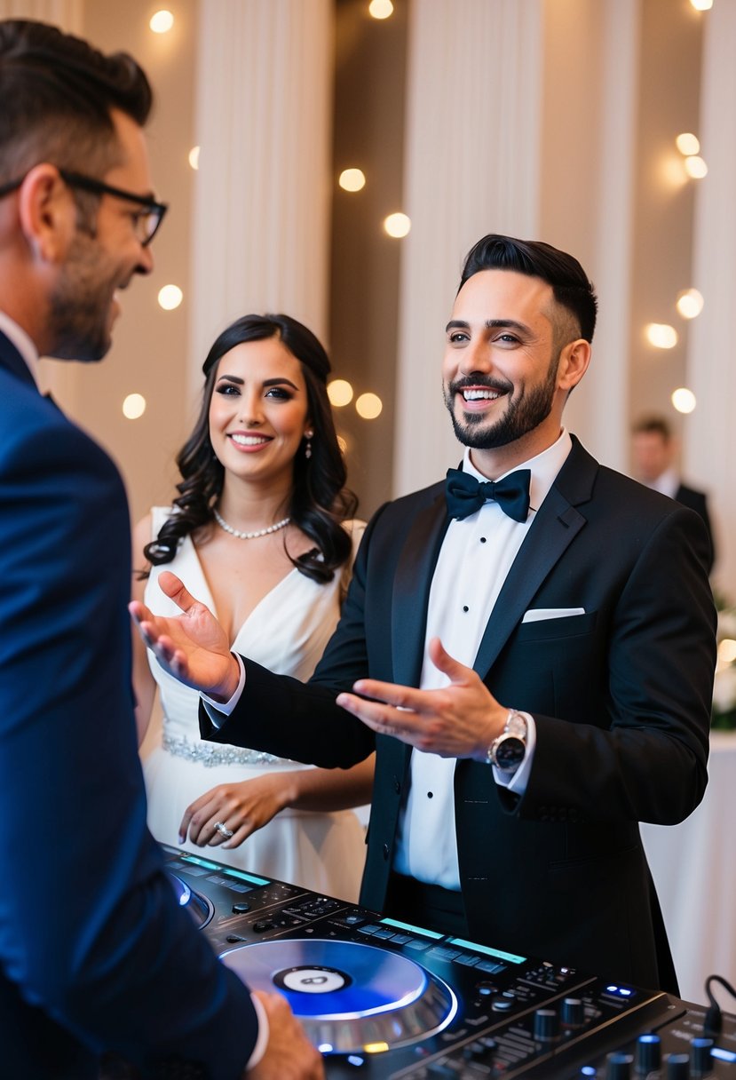 A wedding DJ speaking with a couple, gesturing and smiling, as they discuss music preferences and reception details