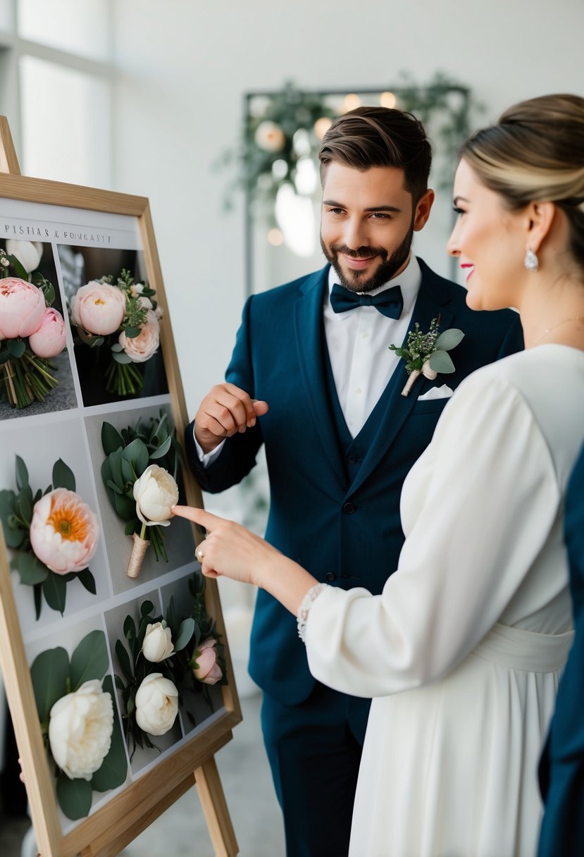 A bride and groom meet with a florist, pointing to a mood board filled with images of peonies, roses, and eucalyptus