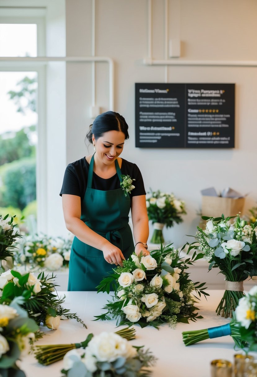 A florist arranging wedding bouquets, surrounded by glowing reviews and feedback from previous clients